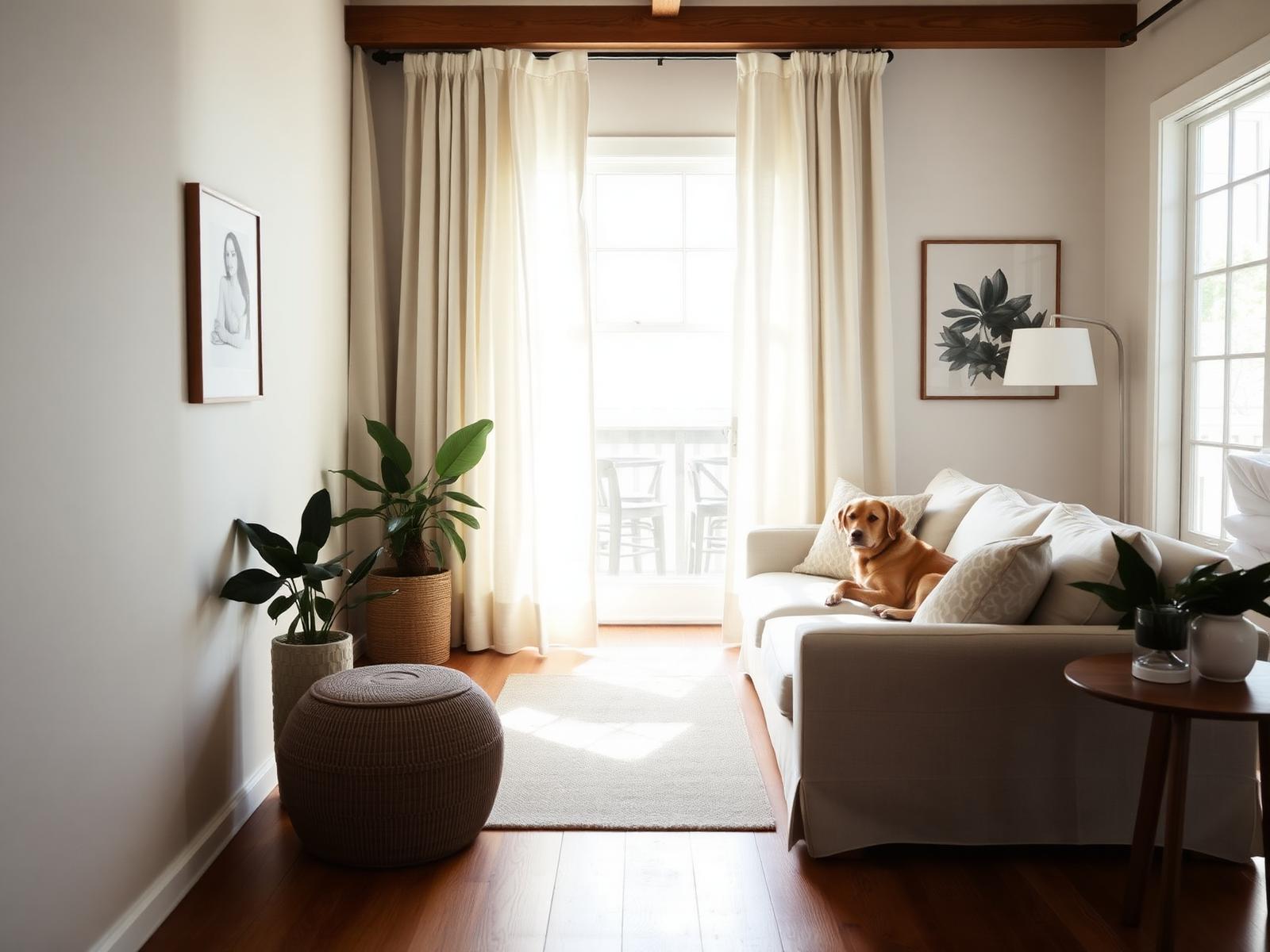 A calm California living room with a resting dog